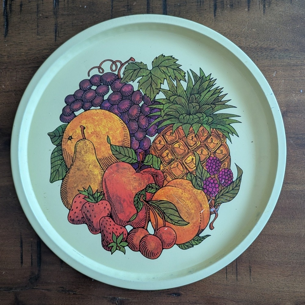 Vtg MCM Serving Tray Cream Fruit Graphic Kitchen Decor Farmhouse Made in London